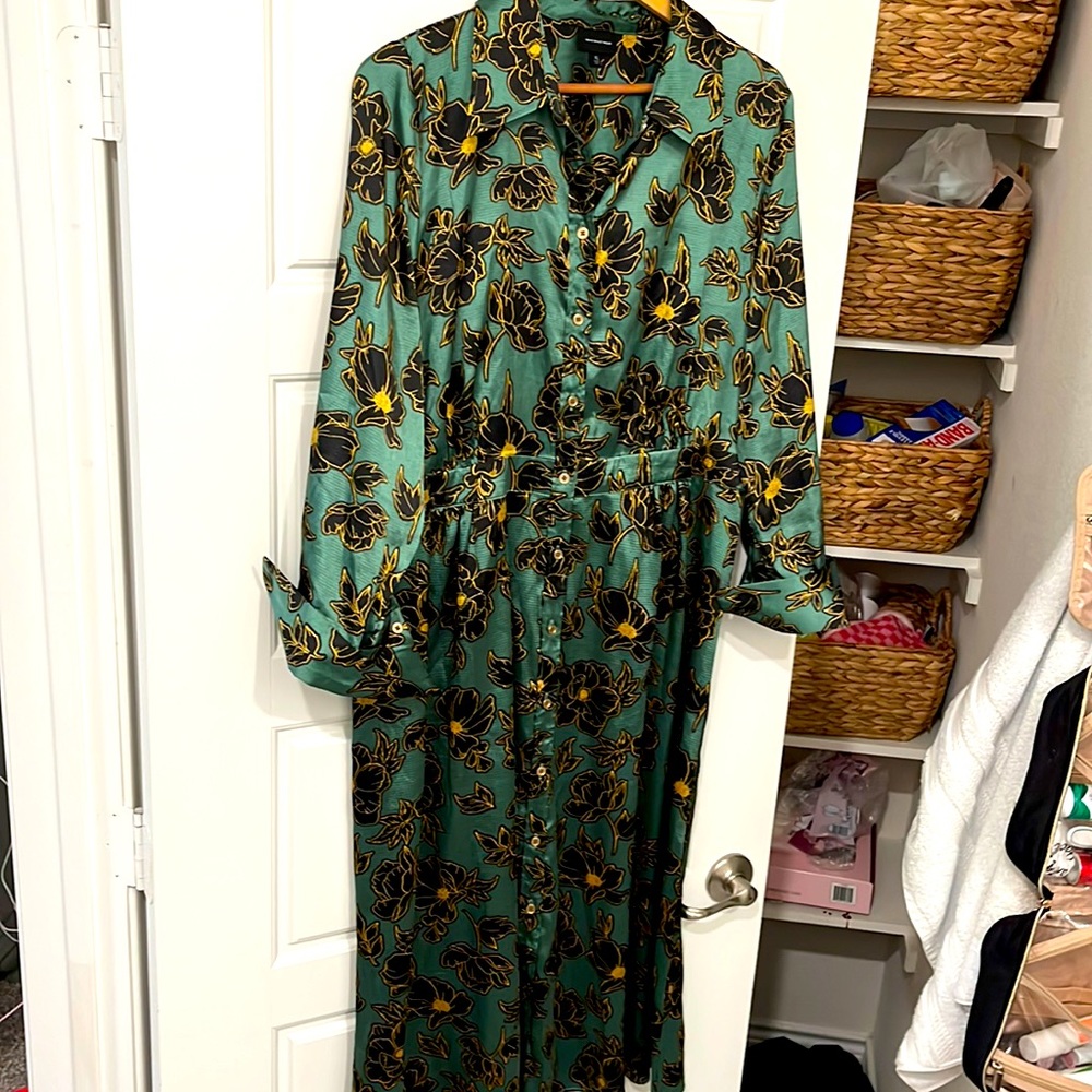 Bold green and floral patterned button up midi dress